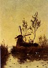 Dusk Canvas Paintings - A Windmill At Dusk